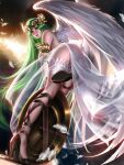  1girl angel_wings ass bare_shoulders bent_over black_footwear breasts circlet dress falling_feathers feathers floating_hair full_body green_eyes green_hair high_heels kid_icarus leaning_forward legs liang_xing lips long_hair looking_back palutena shield solo standing standing_on_one_leg straight_hair thigh_strap tiara vambraces very_long_hair white_dress wings 