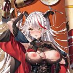  1girl aegir_(azur_lane) arm_up armpits azur_lane bangs black_cape black_dress black_gloves blush bodystocking bottle breasts cape cleavage commentary corset cropped cross cross_earrings cum cum_on_body cum_on_breasts cum_on_clothes curled_horns dakimakura_(medium) demon_horns dress earrings elbow_gloves eyebrows_visible_through_hair eyes_visible_through_hair facial facing_viewer fishnets fork from_above furrowed_brow gloves hair_between_eyes hand_in_hair horns jewelry large_breasts long_hair lying multicolored_hair nipples on_back on_table parted_lips plate qi_yuan_zhi_yu red_hair sample silver_hair skin_tight smile solo streaked_hair swept_bangs table tile_floor tiles tongue tongue_out torn_bodystocking torn_clothes two-sided_cape two-sided_fabric two-tone_hair underbust upper_body very_long_hair wine_bottle yellow_eyes 