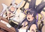  2girls :d ^_^ absurdres alcohol animal_ear_fluff animal_ears armpits bangs bare_shoulders bell black_gloves blunt_bangs blush bottle breasts chopsticks cleavage closed_eyes commentary_request detached_sleeves drunk erune fang food fox_ears fox_tail fur_trim gloves granblue_fantasy hair_bell hair_ornament herio highres hotpot jingle_bell large_breasts long_hair looking_at_viewer multiple_girls open_mouth red_eyes sake sake_bottle sidelocks silver_hair smile societte_(granblue_fantasy) sukiyaki tail twitter_username yuel_(granblue_fantasy) 