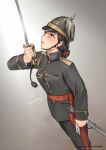  1girl black_eyes black_hair black_jacket black_pants closed_mouth geumsu gloves hair_bun hat helmet holding holding_clothes holding_gloves holding_sword holding_weapon jacket lips long_sleeves military military_hat military_jacket military_uniform original pants pickelhaube plume saber_(weapon) sheath solo sword uniform watermark weapon web_address white_gloves 