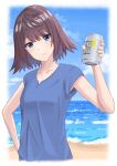  1girl beach blue_eyes blue_shirt breasts brown_hair can day hand_on_hip highres holding holding_can kudaka_karin looking_at_viewer mole mole_under_eye ocean outdoors shiroi_suna_no_aquatope shirt short_hair short_sleeves small_breasts solo to_(cubed) upper_body 