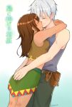  1boy 1girl amy_(suisei_no_gargantia) bare_shoulders breasts brown_hair closed_eyes closed_mouth hetero hug kokko ledo_(suisei_no_gargantia) long_hair silver_hair simple_background skirt smile suisei_no_gargantia 