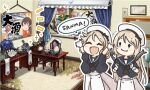  2girls ane_hoshimaru blonde_hair blue_eyes blue_sailor_collar closed_eyes commentary curtains dress eating fish food gloves gotland_(kancolle) hat holding holding_food honolulu_(kancolle) indoors janus_(kancolle) jervis_(kancolle) kantai_collection long_hair multiple_girls open_mouth romaji_text sailor_collar sailor_dress sailor_hat saury short_hair short_sleeves souya_(kancolle) table translated white_dress white_gloves white_headwear 