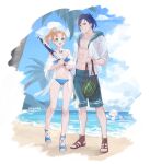  1boy 1girl :d abs alternate_costume alternate_hairstyle annette_fantine_dominic baseball_bat beach bikini blue_bikini blue_hair blue_swimsuit blush breasts day feh_(fire_emblem_heroes) felix_hugo_fraldarius fire_emblem fire_emblem:_three_houses food fruit halterneck highres innertube looking_at_viewer male_swimwear moja_(moquackja) navel ocean orange_hair ponytail small_breasts smile string_bikini suikawari swim_trunks swimsuit watermelon 