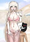  1boy 1girl akisora bikini blonde_hair blush bracelet braid breasts censored cleavage collarbone commentary_request cowboy_shot danganronpa_(series) danganronpa_2:_goodbye_despair danganronpa_s:_ultimate_summer_camp day eyebrows_visible_through_hair female_pubic_hair fingering helm helmet hetero highres jewelry large_breasts long_hair looking_at_viewer monokuma mosaic_censoring navel outdoors pink_bikini pubic_hair sarashi see-through sonia_nevermind stomach swimsuit translation_request 