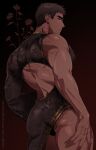  1boy artist_name ass asymmetrical_sleeves back bara black_hair chinese_clothes closed_mouth dark-skinned_male dark_skin hand_on_own_thigh highres large_pectorals looking_back male_focus muscular muscular_male original pectorals scar scar_across_eye scar_on_arm scar_on_back scar_on_face scar_on_hand scar_on_neck single_bare_shoulder solo thick_thighs thighs thong uneven_sleeves wide_sleeves y9tti 