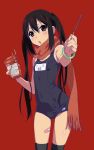  1girl ass_visible_through_thighs bandaid bangs black_hair black_legwear blue_swimsuit blush bracelet brown_eyes commentary food highres holding holding_food jewelry k-on! kneehighs long_hair looking_at_viewer nakano_azusa one-piece_swimsuit open_mouth pocky product_placement scarf school_swimsuit simple_background solo swimsuit twintails very_long_hair watanabe_akio 