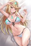  1girl bikini blonde_hair blush breasts chest_jewel earrings jewelry large_breasts long_hair looking_at_viewer lying mythra_(xenoblade) navel on_back parted_lips r-binon side-tie_bikini solo straight_hair sweatdrop swimsuit thighs tiara very_long_hair xenoblade_chronicles_(series) xenoblade_chronicles_2 yellow_eyes 