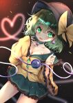  1girl absurdres blouse bow collared_shirt dfra eyeball frilled_shirt_collar frilled_sleeves frills green_eyes green_hair green_skirt hat hat_bow hat_ribbon heart heart_of_string highres komeiji_koishi long_sleeves ribbon shirt skirt solo third_eye touhou wavy_hair wide_sleeves yellow_blouse yellow_shirt 