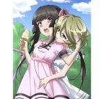  2girls artist_request black_hair blonde_hair blue_eyes blush breasts collarbone dress elfnein eyebrows_visible_through_hair food hair_ribbon ice_cream licking licking_another&#039;s_cheek licking_another&#039;s_face long_hair looking_at_another multiple_girls official_art open_mouth outdoors pink_dress pink_eyes ribbon senki_zesshou_symphogear senki_zesshou_symphogear_xd_unlimited shiny shiny_hair short_hair small_breasts teeth tongue tongue_out tsukuyomi_shirabe twintails upper_teeth white_dress yuri 