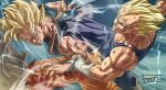  2boys 5002_bus angry arm_up bangs biceps blonde_hair blood blood_from_mouth blue_eyes blue_footwear blue_wristband boots clenched_teeth clothes_grab commentary_request dragon_ball dragon_ball_z duel facial_mark fighting forehead_mark gloves grin highres injury korean_commentary large_pectorals looking_at_another majin_vegeta male_focus manly multiple_boys muscular muscular_male orange_shirt pectorals serious shirt signature smile son_goku spiked_hair super_saiyan super_saiyan_2 teeth thick_eyebrows thighs torn_clothes vegeta white_footwear white_gloves 
