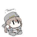  1girl black_footwear black_headwear black_skirt blue_shawl brown_hair chibi commentary_request cyrillic hair_ornament hat_ornament jacket kantai_collection long_hair low_twintails no_mouth papakha russian_text scarf shoes simple_background skirt solo star_(symbol) star_hat_ornament tashkent_(kancolle) task_(s_task80) translated twintails white_background white_jacket white_scarf |_| 