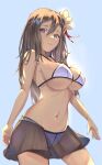  1girl bare_shoulders bikini breasts brown_hair cleavage cowboy_shot drone_(drone_37) flower frilled_skirt frills hair_between_eyes hair_flower hair_ornament highres large_breasts legs_apart lips long_hair looking_at_viewer looking_down midriff mole mole_under_eye navel open_mouth original parted_lips purple_eyes see-through_skirt simple_background skirt solo striped striped_bikini swimsuit teenage underboob vertical-striped_bikini vertical_stripes 