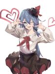  1girl :d absurdres bangs black_hair black_headwear blue_eyes brown_skirt collared_shirt dirty dirty_face fu_hua hair_between_eyes highres honkai_(series) honkai_impact_3rd long_hair long_sleeves looking_at_viewer monocle neckerchief one_eye_closed open_mouth paint_splatter ponytail red_neckerchief shirt simple_background siyecao_(uumix7e) skirt smile solo white_background white_shirt 