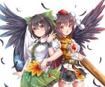  2girls absurdres arm_cannon armband bangs bird_wings black_hair black_ribbon black_skirt black_wings blush bow breasts brown_eyes brown_hair buttons cape center_frills charm_(object) chinese_commentary collared_shirt commentary_request control_rod cosplay costume_switch eyebrows_visible_through_hair feathers feng_ling_(fenglingwulukong) frilled_shirt_collar frilled_skirt frills green_bow green_skirt hair_between_eyes hair_bow hat hauchiwa highres leaf-pattern_stripe long_hair miniskirt multiple_girls neck_ribbon open_mouth pom_pom_(clothes) puffy_short_sleeves puffy_sleeves reiuji_utsuho reiuji_utsuho_(bird) reiuji_utsuho_(cosplay) ribbon shameimaru_aya shameimaru_aya_(cosplay) shirt short_hair short_sleeves sidelocks skirt smile starry_sky_print third_eye tokin_hat touhou v weapon white_background white_cape white_shirt wings 