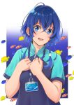  1girl :o absurdres blue_eyes blue_hair braid clownfish fish highres id_card lanyard matebashi misakino_kukuru shell_hair_ornament shiroi_suna_no_aquatope short_sleeves simple_background solo tropical_fish uniform upper_body 