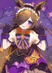  1girl absurdres animal_ears artist_name black_gloves black_hair blue_flower blue_rose blue_wings blush bow bowtie brooch claw_pose collared_shirt commentary demon_wings english_text fangs flower frilled_hairband frills frown gloves hair_over_one_eye hairband halloween happy_halloween harunohotaru highres horse_ears horse_girl jack-o&#039;-lantern_ornament jewelry long_hair looking_at_viewer make_up_in_halloween!_(umamusume) night night_sky open_mouth orange_bow puffy_short_sleeves puffy_sleeves purple_background purple_hairband purple_skirt rice_shower_(umamusume) rose shirt short_sleeves signature skirt sky solo standing star_(sky) starry_sky umamusume white_shirt wings 