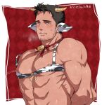  1boy abs animal_ears animal_print bara bare_pectorals bell black_hair blue_eyes blush bra castella chris_redfield commentary_request cow_boy cow_ears cow_horns cow_print crying crying_with_eyes_open facial_hair horns large_pectorals male_focus male_lactation muscular muscular_male neck_bell nipple_slip nipples pectorals resident_evil resident_evil_5 resident_evil_6 resident_evil_village short_hair sideburns solo tears translated underwear upper_body 