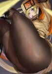  1girl artist_name ashiomi_masato ass ass_focus bangs black_footwear blonde_hair blue_eyes boots breasts commentary_request eyebrows_visible_through_hair fur_hat grey_background guilty_gear guilty_gear_strive hat highres long_sleeves looking_at_viewer medium_breasts millia_rage open_mouth pantyhose shiny shiny_clothes shiny_hair signature simple_background solo thick_thighs thighs ushanka watermark 