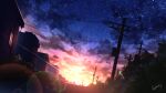  absurdres cloud colorful commentary_request constellation dusk evening highres house lens_flare light namizukuri no_humans original outdoors road scenery signature sky star_(sky) star_trail starry_sky street sunset tree twilight utility_pole 