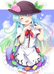  1girl apron bangs black_headwear blue_hair blue_skirt blush bow buttons center_frills closed_eyes collared_shirt eyebrows_visible_through_hair food frills fruit gradient_hair hat heart highres hinanawi_tenshi leaf long_hair multicolored_hair neck_ribbon open_mouth peach puffy_short_sleeves puffy_sleeves rainbow_hair rainbow_order ramudia_(lamyun) red_bow ribbon shirt short_sleeves sidelocks skirt sky smile solo touhou white_background white_shirt 