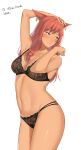  1girl allyha_kiade animal_ear_fluff animal_ears armpits avatar_(ffxiv) bangs bare_shoulders black_bra black_panties blue_eyes blush bra breasts cat_ears cleavage closed_mouth collarbone commission dark-skinned_female dark_skin eye_piercing eyebrows_visible_through_hair feet_out_of_frame final_fantasy final_fantasy_xiv hair_between_eyes hand_on_own_head highres ichinose_(ichinose1592) lingerie lips long_hair looking_away looking_to_the_side medium_breasts navel nipples no_tail panties red_hair see-through skeb_commission solo standing stomach underwear white_background 