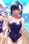  3girls animal_ears arm_behind_back barefoot baseball_bat batting_stance beach black_hair blindfold blue_sky blue_swimsuit blush breasts cleavage cloud collarbone commentary competition_school_swimsuit covered_navel cowboy_shot day ear_bow food fruit groin hair_ornament hairclip happy_meek_(umamusume) highres holding holding_baseball_bat horse_ears horse_girl kiryuuin_aoi large_breasts leg_up looking_at_viewer mejiro_mcqueen_(umamusume) multiple_girls ocean one-piece_swimsuit open_mouth outdoors purple_eyes purple_hair school_swimsuit sg_(esujii) short_hair sky solo_focus swimsuit umamusume water watermelon white_hair 