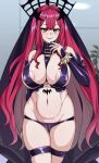  1girl :d areola_slip areolae ass_visible_through_thighs bangs between_breasts blush bracelet breasts cameltoe cleavage covered_nipples detached_sleeves fairy_knight_tristan_(fate) fate/grand_order fate_(series) grey_eyes indoors jewelry large_areolae long_hair looking_at_viewer muta_poo navel purple_hair revealing_clothes smile solo spiked_bracelet spikes thigh_strap veil very_long_hair 