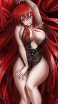  1girl arm_up blue_eyes blush breasts cleavage embarrassed hand_on_own_thigh high_school_dxd highres large_breasts lingerie long_hair looking_at_viewer lying on_back red_background red_hair rias_gremory shizuko_hideyoshi signature underwear 