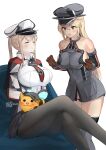  2girls :3 anchor animal bare_shoulders bee bismarck_(kancolle) black_legwear black_panties blonde_hair blue_eyes blush breasts brown_gloves bug capelet cat closed_eyes closed_mouth commentary_request cross crossed_legs fang gloves graf_zeppelin_(kancolle) grey_legwear hair_between_eyes hat highres iron_cross jacket kantai_collection korean_commentary korean_text large_breasts legs long_hair long_sleeves meme military military_hat military_uniform multiple_girls necktie open_mouth osananajimi_neko panties pantyhose peaked_cap polite_cat_(meme) sidelocks sitting smile thighhighs twintails underwear uniform wings 
