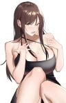  1girl bangs bare_shoulders black_dress blush breasts breasts_day brown_hair cleavage collarbone dress eye_piercing eyebrows_visible_through_hair hair_between_eyes hand_on_breast highres ichinose_(ichinose1592) large_breasts long_hair looking_at_viewer mole mole_on_breast mole_under_eye open_mouth original sitting solo teeth upper_body white_background yellow_eyes 