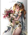  1girl armlet armor artist_name bangs blonde_hair bouquet bracelet breasts butterfly_ornament cape center_opening cowboy_shot diadem dress earrings flower gem grey_background hair_flower hair_ornament highres holding holding_bouquet jewelry large_breasts letterboxed long_hair looking_at_viewer maboroshi_juuhime navel orange_eyes pauldrons ponytail red_flower revealing_clothes ribbon ring see-through shoulder_armor side_slit sleeveless sleeveless_dress solo swept_bangs web_address white_background white_cape white_dress white_flower yoda_(ayanamikodon) 