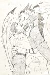  2boys absurdres bara blush bulge bulge_press bulges_touching closed_eyes dragon_boy dragon_horns feet_out_of_frame fle0423 french_kiss from_side furry furry_male furry_with_non-furry graphite_(medium) greyscale highres horns hug interspecies kiss long_sideburns long_tongue male_focus master_3_(housamo) monochrome multiple_boys muscular muscular_male open_fly ophion_(housamo) scales short_hair sideburns size_difference sketch thick_eyebrows thick_thighs thighs tokyo_afterschool_summoners tongue traditional_media yaoi 