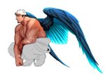  1boy akiha_gongen_(housamo) bandaid bandaid_on_nose bara blue_wings clothes_down dark-skinned_male dark_skin facial_hair feathered_wings fle0423 full_body goatee highres horns large_pectorals looking_at_viewer male_focus multicolored_hair muscular muscular_male original pectorals short_hair sideburns single_horn smile solo squatting thick_eyebrows topless_male two-tone_hair unfinished white_background white_hair wings 
