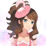  1girl bangs brown_hair collarbone commentary dress eyelashes green_eyes grin hat high_ponytail highres hilda_(pokemon) hsin long_hair looking_at_viewer official_alternate_costume pink_headwear pokemon pokemon_(game) pokemon_masters_ex sidelocks smile solo teeth upper_body 