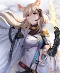  1girl animal_ear_fluff animal_ears arknights bangs black_gloves blonde_hair bracer cape commentary_request dress eyebrows_visible_through_hair gigamessy gloves hand_up headset highres long_hair looking_at_viewer nearl_(arknights) nearl_the_radiant_knight_(arknights) solo upper_body white_cape white_dress yellow_eyes 