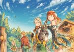  2boys 2girls bird blonde_hair breasts closed_mouth cloud commentary gustaf long_hair mai_(tsupiem) multiple_boys multiple_girls open_mouth primiera_(saga) red_hair roberto saga saga_frontier_2 smile tree virginia_knights 