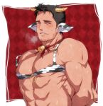  1boy abs animal_ears animal_print bara bare_pectorals bell black_hair blue_eyes blush bra castella chris_redfield commentary_request cow_boy cow_ears cow_horns cow_print facial_hair horns large_pectorals looking_at_viewer male_focus muscular muscular_male neck_bell nipple_slip nipples pectorals resident_evil resident_evil_5 resident_evil_6 resident_evil_village short_hair sideburns smile solo underwear upper_body 