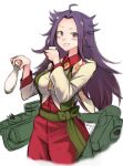  1girl :d ahoge alcohol bangs blush bottle breasts choko_(cup) cup hakama holding holding_bottle holding_cup japanese_clothes jun&#039;you_(kancolle) kantai_collection large_breasts long_hair looking_at_viewer magatama magatama_necklace parted_bangs purple_eyes purple_hair red_hakama sake sake_bottle smile solo terrajin tokkuri wavy_hair white_background 