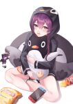  1girl absurdres animal_hood bangs bare_legs black_hoodie blue_eyes blush bright_pupils chips cushion ear_piercing eyebrows_visible_through_hair figure food full_body hair_between_eyes heterochromia highres holding holding_stuffed_toy hood hood_up hoodie lay&#039;s long_hair long_sleeves looking_at_viewer luxiel minecraft mouth_hold nintendo_switch original penguin_hood piercing pringles purple_eyes purple_hair simple_background sitting socks solo stuffed_animal stuffed_penguin stuffed_toy white_background white_legwear 