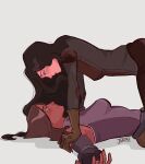  2girls all_fours artist_name asami_sato avatar_(series) black_hair blush breasts brown_hair closed_mouth dark-skinned_female dark_skin eye_contact hair_over_shoulder highres jivarte korra long_hair looking_at_another lying multiple_girls on_back shadow the_legend_of_korra yuri 