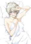  1girl arm_up bangs bed_sheet blue_eyes blush bright_pupils commentary elf_(stroll_in_the_woods) from_above girls_und_panzer highres looking_at_viewer lying naked_sheet on_back on_bed open_mouth pillow short_hair silver_hair smile solo sweat textless v white_pupils youko_(girls_und_panzer) 