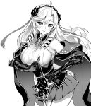  1girl algerie_(azur_lane) azur_lane azur_lane:_slow_ahead blush breasts commentary_request crown flower greyscale hair_flower hair_ornament hand_on_hip highres hori_(hori_no_su) large_breasts long_hair mini_crown mole mole_under_eye monochrome official_art pleated_skirt ringlets rose sideboob skirt 