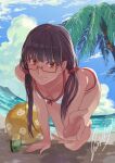  1girl absurdres all_fours amagami ayatsuji_tsukasa ball beach beachball bikini black_hair blue_sky breasts brown_eyes brown_hair cloud curved_horizon danieri day glasses highres horizon long_hair looking_at_viewer ocean outstretched_hand palm_tree signature sky small_breasts smile solo swimsuit tree twintails white_bikini 