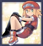  1girl bike_shorts blonde_hair brown_gloves cabbie_hat closed_mouth cropped_jacket gloves green_eyes hat highres jacket long_hair looking_at_viewer m.m mega_man_(series) mega_man_legends red_headwear red_jacket red_shorts roll_caskett_(mega_man) short_sleeves shorts smile solo 