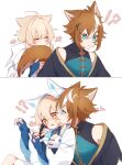  !? 1boy 1girl ahoge animal_ears animal_hood aqua_eyes aqua_shirt bangs biting black_jacket blonde_hair blue_shirt brown_hair cat_ears cat_girl cat_hood cheek_biting dog_boy dog_ears dog_tail fang genshin_impact gorou_(genshin_impact) hetero highres hood hooded_jacket jacket kemonomimi_mode lumine_(genshin_impact) multicolored_hair ochasuke_(corono) off_shoulder paw_print paw_print_palms shirt sleeveless sleeveless_shirt sleeves_past_wrists streaked_hair tail tail_biting white_jacket yellow_eyes 