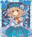  1girl :o alice_margatroid alice_margatroid_(pc-98) bangs blonde_hair blue_bow blue_flower blue_hairband blue_ribbon blue_rose blue_skirt blush book bow center_frills cowboy_shot eyebrows_visible_through_hair fireflies flower frilled_hairband frilled_shirt frilled_shirt_collar frilled_skirt frills grimoire_of_alice hair_bow hair_flower hair_ornament hair_ribbon hairband holding holding_book huge_bow lace_border lolita_fashion lolita_hairband long_sleeves looking_at_viewer marker_(medium) medium_hair outside_border ribbon rose rui_(sugar3) sample shirt skirt sleeve_bow solo standing touhou touhou_(pc-98) traditional_media white_bow white_flower white_ribbon white_rose white_shirt yellow_eyes 
