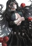  1girl absurdres apple black_dress black_hair breasts closed_eyes dress food from_above fruit gold_can gothic hair_spread_out highres juliet_sleeves large_breasts long_hair long_sleeves original puffy_sleeves red_apple sleeping snow_white solo 