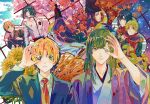  3boys autumn_leaves bangs black_hair black_jacket blonde_hair blue_eyes bob_cut cherry_blossoms closed_mouth collared_shirt commentary egasumi english_commentary flower folding_fan fujiwara_no_sai fur-trimmed_jacket fur_trim ginkgo_leaf green_eyes green_hair hand_fan hand_up haori hat hikaru_no_go holding hun_(endlesslovehikaru) jacket japanese_clothes kariginu kimono leaf long_hair long_sleeves looking_at_another looking_at_viewer low-tied_long_hair male_focus maple_leaf mixed-language_commentary multiple_boys multiple_views necktie one_eye_covered paper_fan parted_lips plaid plaid_scarf plum_blossoms purple_hair red_necktie red_scarf scarf school_uniform seasons shindou_hikaru shirt short_hair smile snow sparkle standing sunflower tate_eboshi touya_akira upper_body wheat white_jacket white_kimono white_shirt 