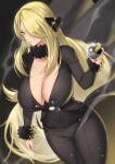  1girl absurdres anima_(togashi) black_nails black_pants black_shirt blonde_hair breasts cleavage closed_mouth curvy cynthia_(pokemon) eyelashes floating_hair fur-trimmed_sleeves fur_collar fur_trim grey_eyes hair_ornament hair_over_one_eye hand_up highres holding holding_poke_ball large_breasts lips long_hair long_sleeves looking_to_the_side mixed-language_commentary pants poke_ball pokemon pokemon_(game) pokemon_dppt shirt smoke solo thighs ultra_ball very_long_hair 